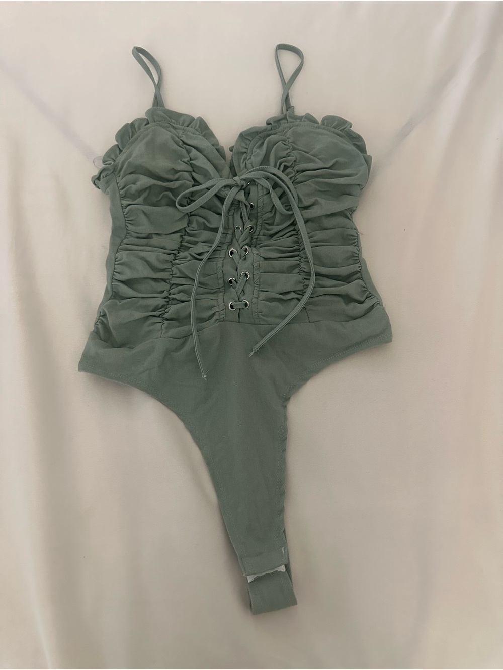 Ruched Lace-Up Olive Green Bandeau Bodysuit